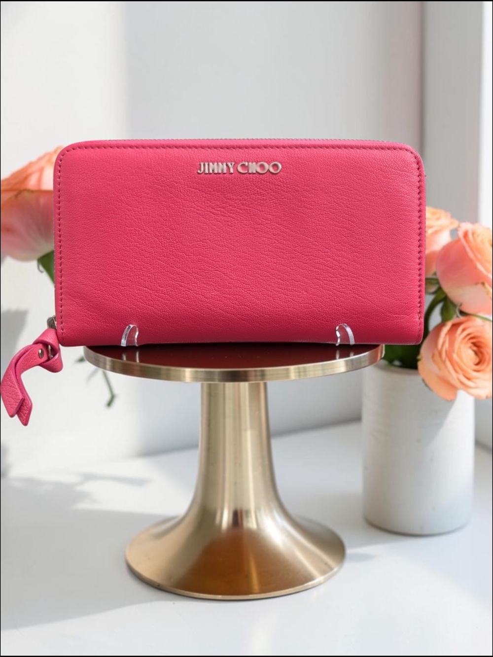 Jimmy Choo Athini Flamingo Pink Leather Zip Around Wallet Box Dust Bag NIB